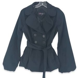 C. Magic Pea Coat Jacket Double Breasted Waist Tie Black Small